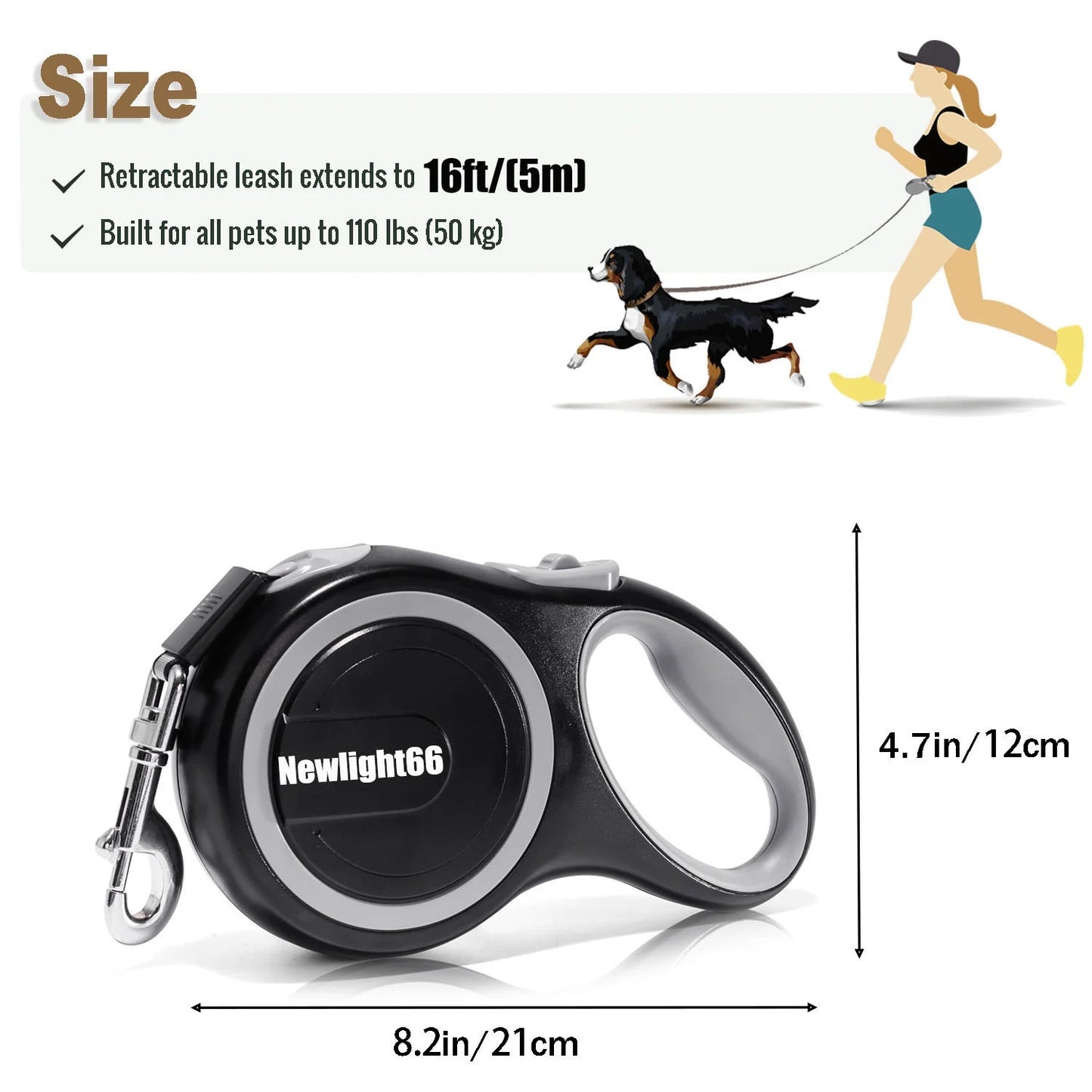 New Comfort Large Tape Retractable Dog Leash, 16 Ft, Gray(For Dogs up to 110 Lbs)-