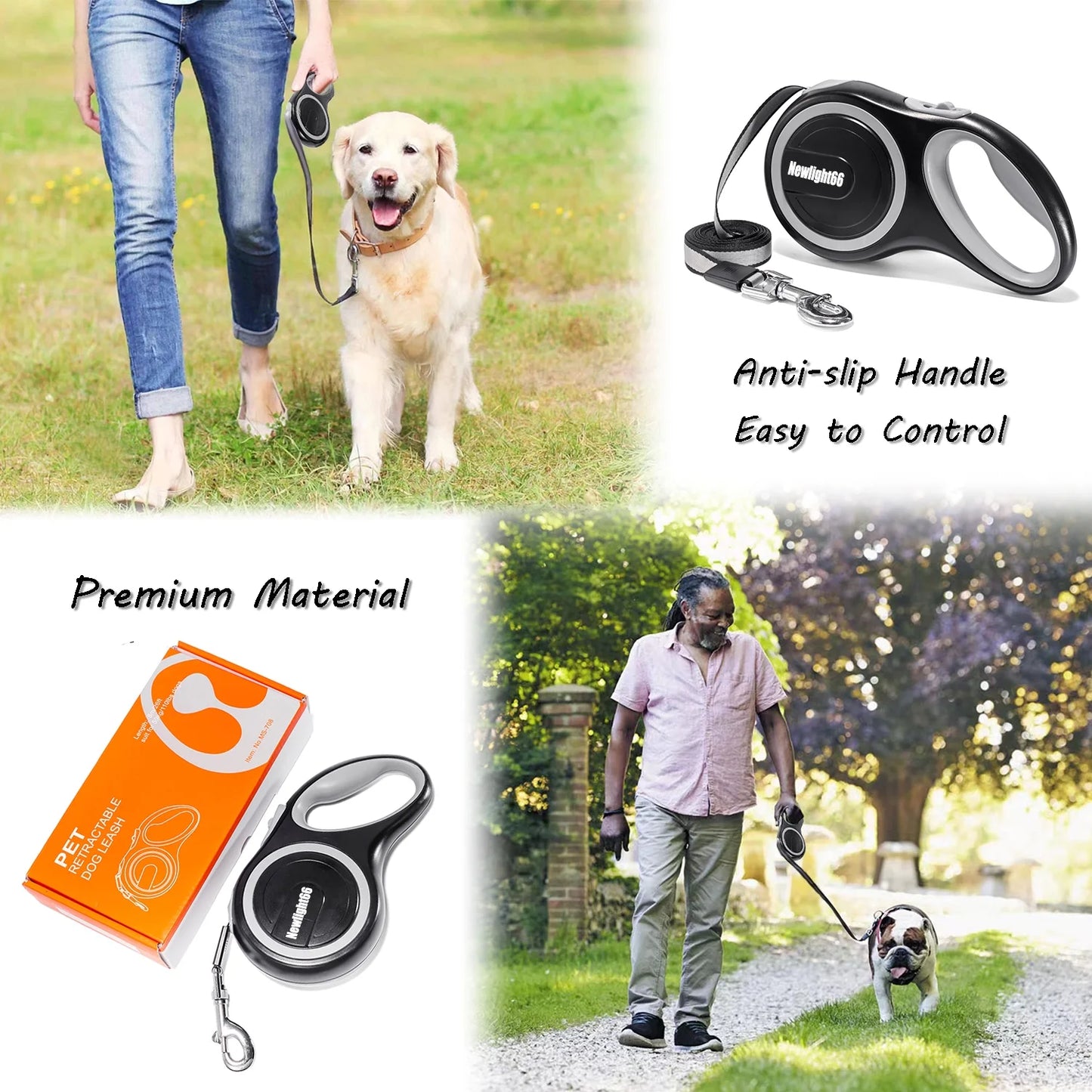 New Comfort Large Tape Retractable Dog Leash, 16 Ft, Gray(For Dogs up to 110 Lbs)-