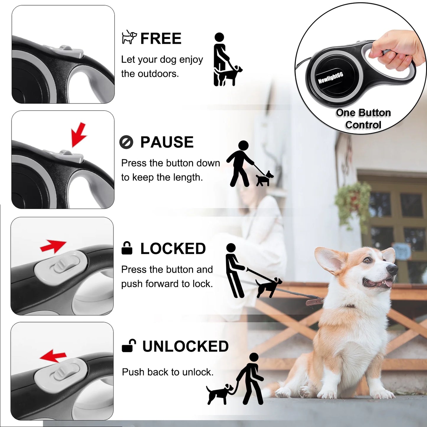 New Comfort Large Tape Retractable Dog Leash, 16 Ft, Gray(For Dogs up to 110 Lbs)-