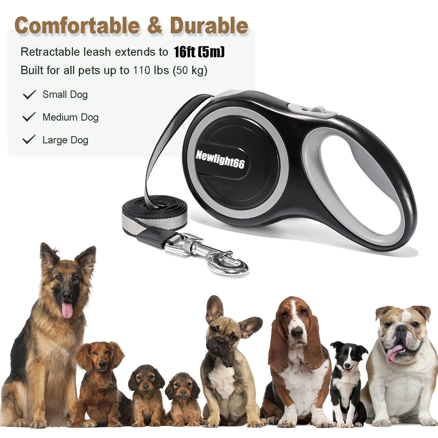 New Comfort Large Tape Retractable Dog Leash, 16 Ft, Gray(For Dogs up to 110 Lbs)-