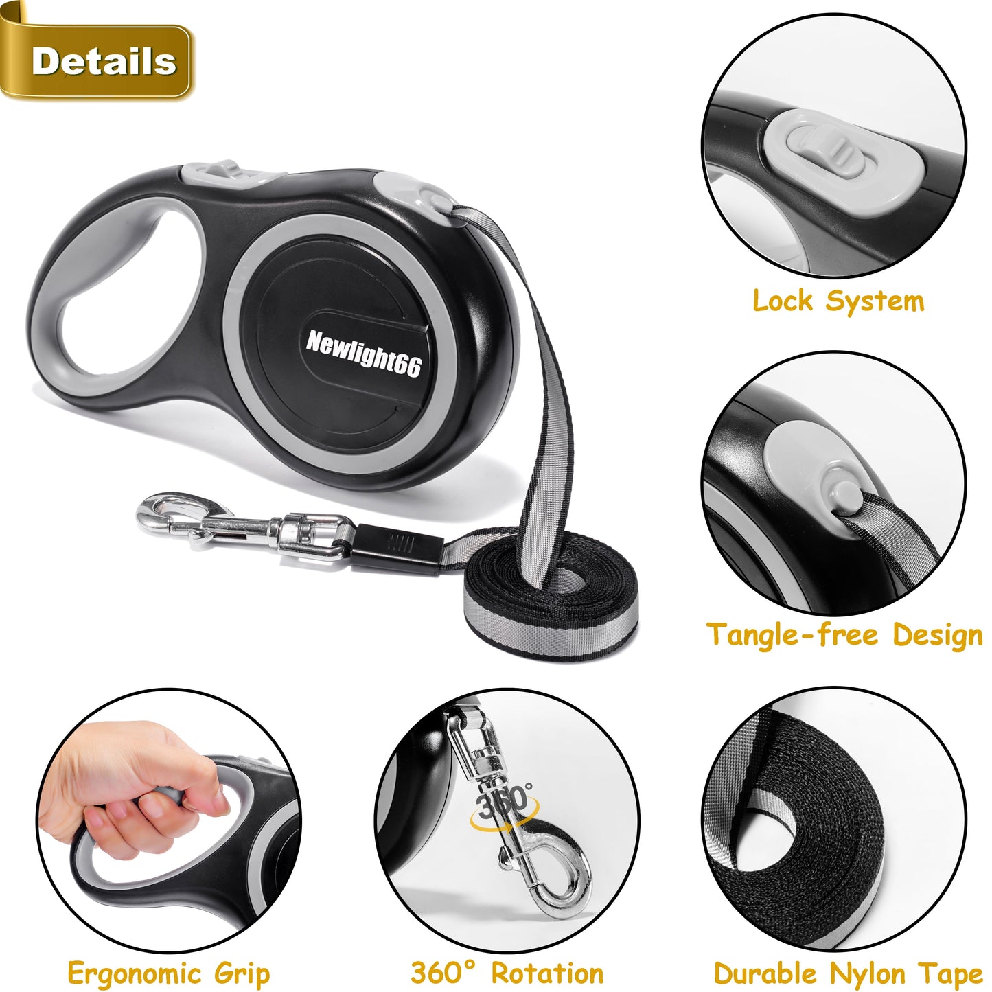 New Comfort Large Tape Retractable Dog Leash, 16 Ft, Gray(For Dogs up to 110 Lbs)-
