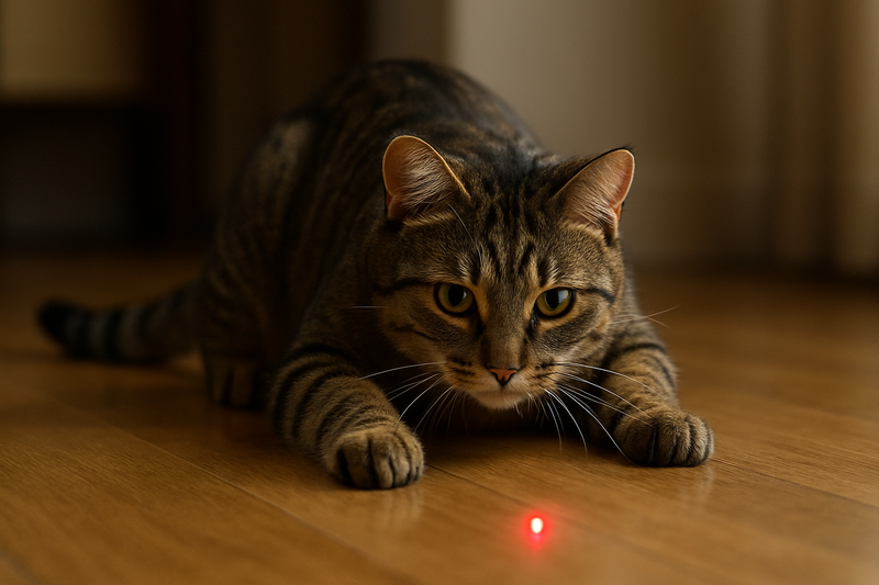 Make a photo of a cat who’s chasing a red laser on the ground