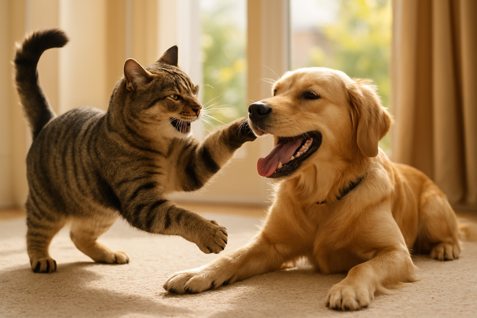 Realistic photo of a cat and dog happily playing together